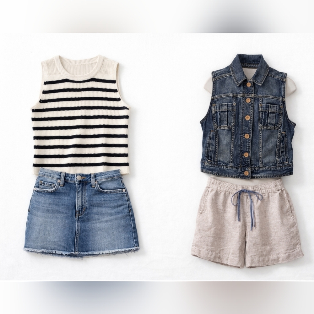 Summer Style Bundle 2 Complete Striped Sleeveless Top and Denim Vest with Shorts